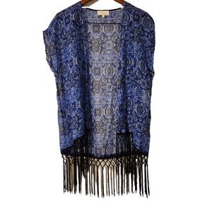 Dept 222 Women's Size M‎ Sheer Navy Blue & White Tassel Kimono Shawl Boho